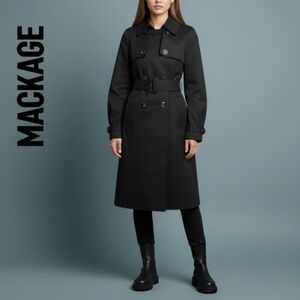 XS Mackage Double Breasted Long Sleeve Trench Coat, Black with Leather Trim